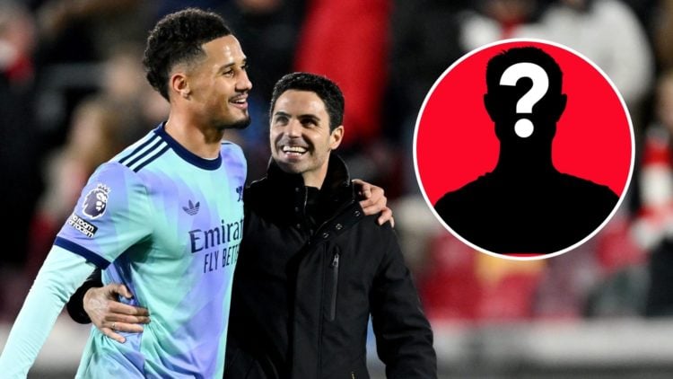 An image featuring Arsenal pair William Saliba and Mikel Arteta alongside an inset of a mystery player.