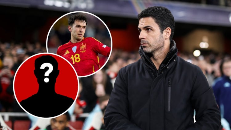 Mikel Arteta during the UEFA Champions League 2024/25 Round of 16 Second Leg match between Arsenal FC and PSV, with an inset of Martin Zubimendi of...