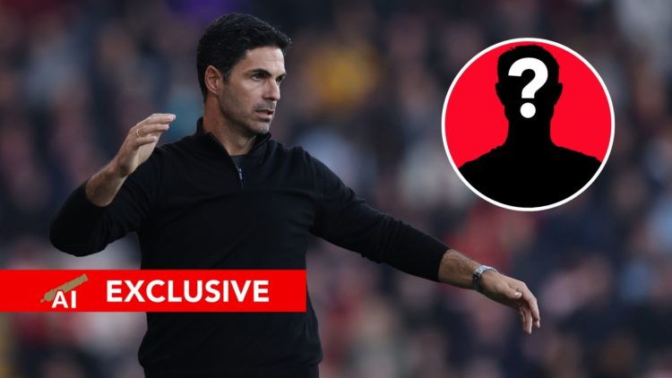 An image featuring Arsenal manager Mikel Arteta reacting alongside a mystery player inset.