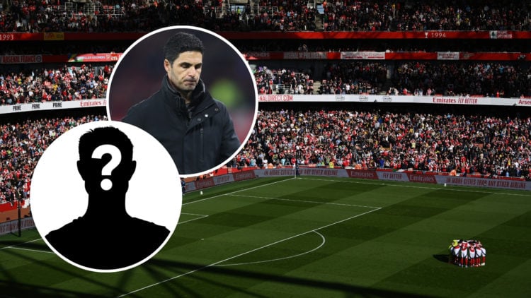 General view inside the stadium as the Arsenal team forms a huddle prior to a Premier League match, with two insets featuring Mikel Arteta looking ...