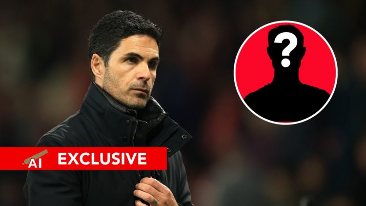 An image of Arsenal manager Mikel Arteta next to an inset of a mystery player silhouette.