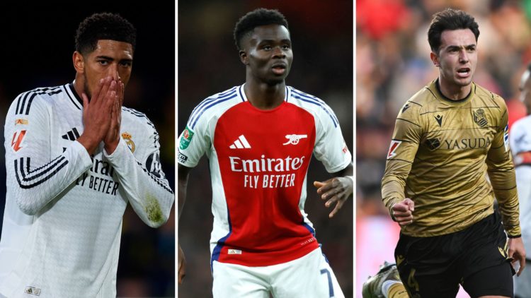 A split image featuring Real Madrid's Jude Bellingham, Arsenal's Bukayo Saka and Real Sociedad's Martin Zubimendi.