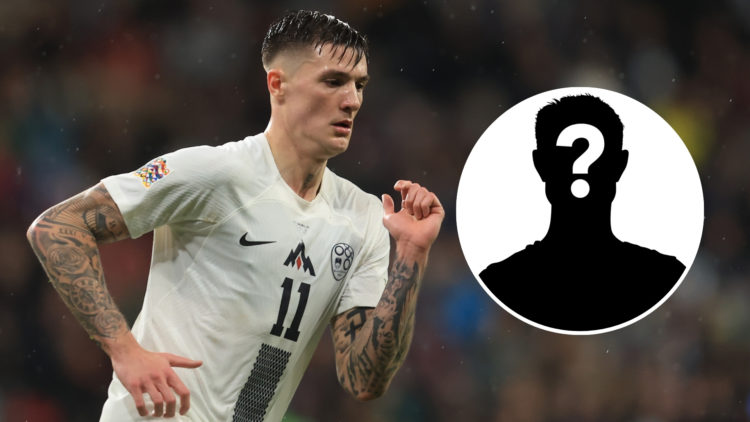Benjamin Šeško of Slovenia during a UEFA Nations League match, with an inset of a mystery player silhouette.