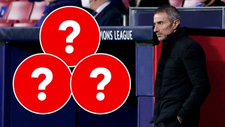 An image featuring incoming Arsenal sporting director Andrea Berta and three insets with question marks