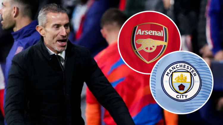 Image of Andrea Berta celebrating at Atletico Madrid with insets of the Arsenal and Manchester City badges