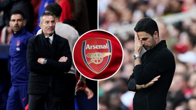 A split image of Andrea Berta looking on when he was at Atletico Madrid next to (R) a dejected Arsenal manager Mikel Arteta, with a central inset o...