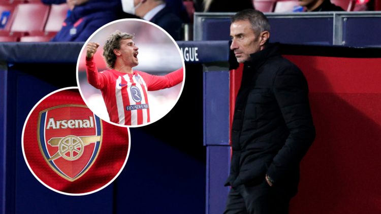 An image of Andrea Berta during an Atletico Madrid game with insets of Antoine Griezmann celebrating a goal and the Arsenal badge