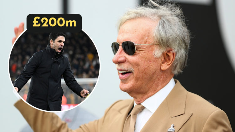 Stan Kroenke waves to fans, with an inset of Mikel Arteta celebrating in a Premier League match as a manager.