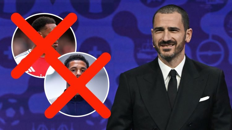 Italian former football player Leonardo Bonucci looks on on stage during the draw for UEFA Women's Euro 2025. Inset, Gabriel Magalhaes and William ...