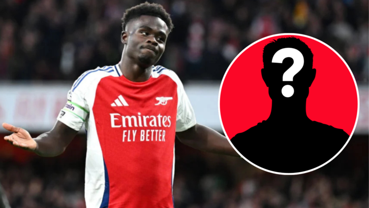 An image of Arsenal star Bukayo Saka celebrating a goal along with a circular inset of a mystery player.