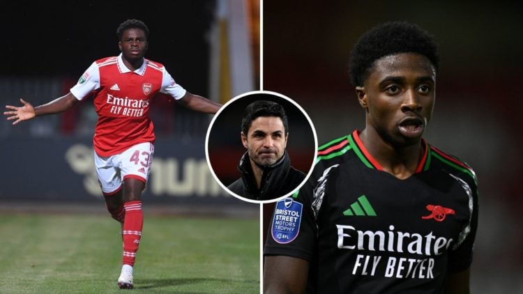 Split Image of: Nathan Butler-Oyedeji celebrates scoring his and Arsenal's 2nd goal during the Papa John's match between Cambridge United and Arsen...