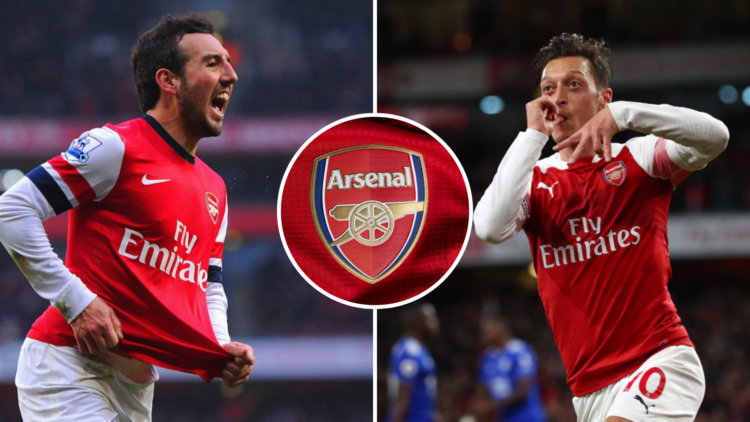Split image of (L) Santi Cazorla celebrating after scoring at Arsenal and Mesut Ozil celebrating after scoring at Arsenal. A central inset displays...