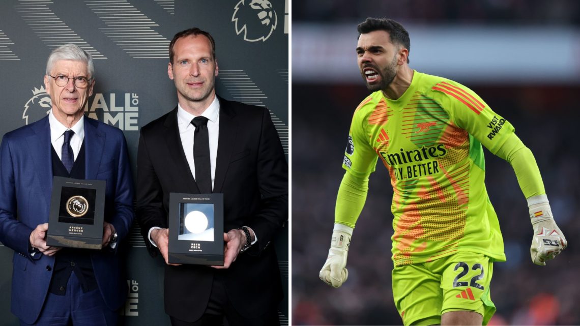 A split image featuring Arsene Wenger and Petr Cech alongside Arsenal goalkeeper David Raya.