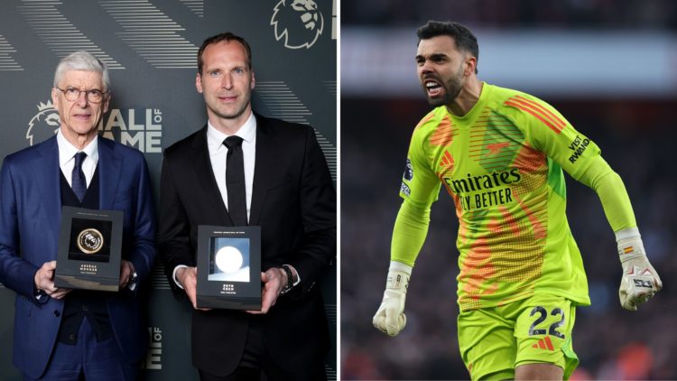 A split image featuring Arsene Wenger and Petr Cech alongside Arsenal goalkeeper David Raya.