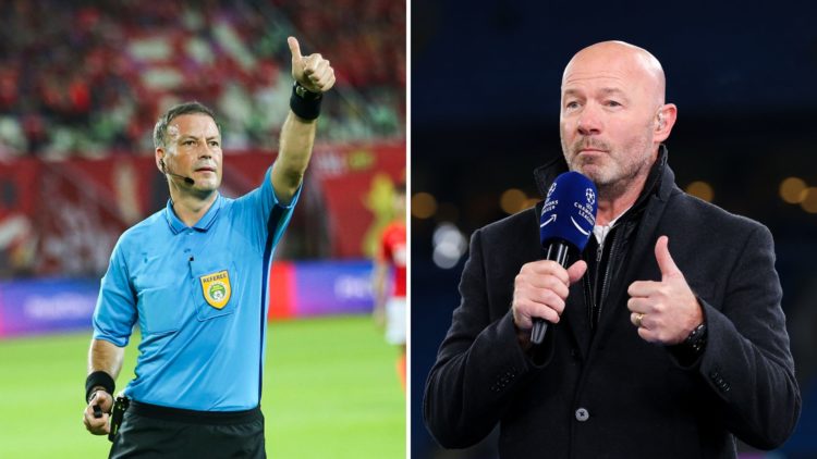 A split image of ex-referee Mark Clattenburg with his thumb up and Alan Shearer speaking into a microphone.