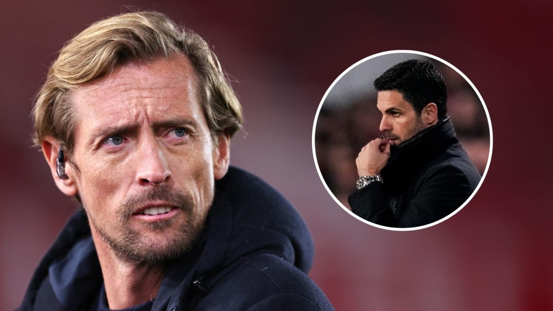 Peter Crouch looks on during a game next to an inset with Mikel Arteta during an Arsenal match.