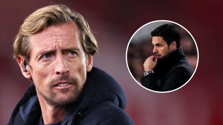 Peter Crouch looks on during a game next to an inset with Mikel Arteta during an Arsenal match.