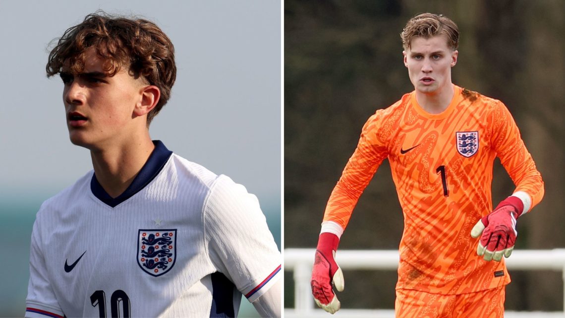 A split image featuring Arsenal academy pair Max Dowman and Jack Porter playing for the England Under-17s against Israel.