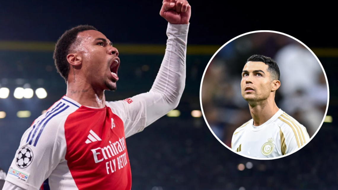 An image of Arsenal defender Gabriel Magalhaes celebrating with an inset of Cristiano Ronaldo looking on during a game for Al-Nassr.