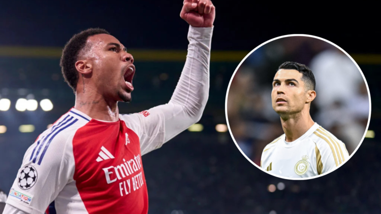 An image of Arsenal defender Gabriel Magalhaes celebrating with an inset of Cristiano Ronaldo looking on during a game for Al-Nassr.