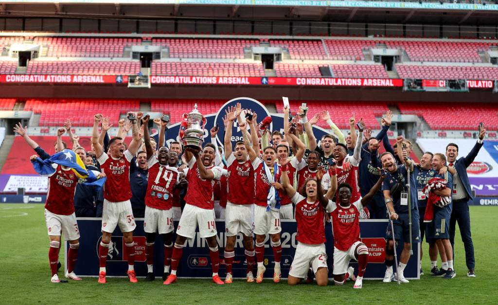 Pierre-Emerick Aubameyang lifts the FA Cup for Arsenal.