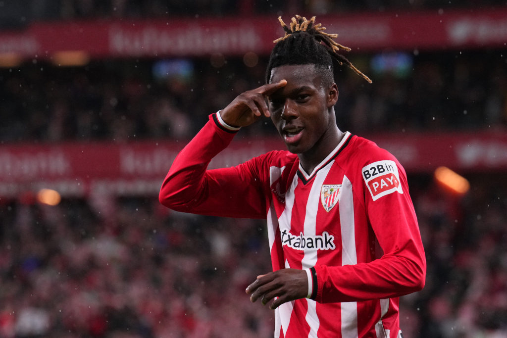 Nico Williams celebrates during an Athletic Club match