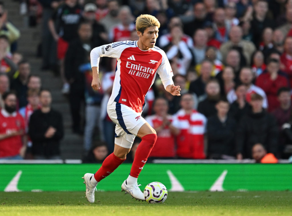 Takehiro Tomiyasu in action during Arsenal FC v Southampton FC in the Premier League clash.