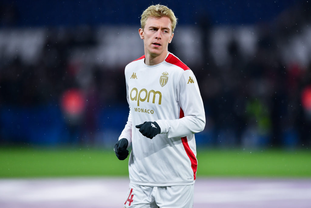 Mika Biereth of Monaco warms up prior to prior to the Ligue 1 match between Paris Saint-Germain FC and AS Monaco FC at Parc des Princes on February 07, 2025 in Paris, France.