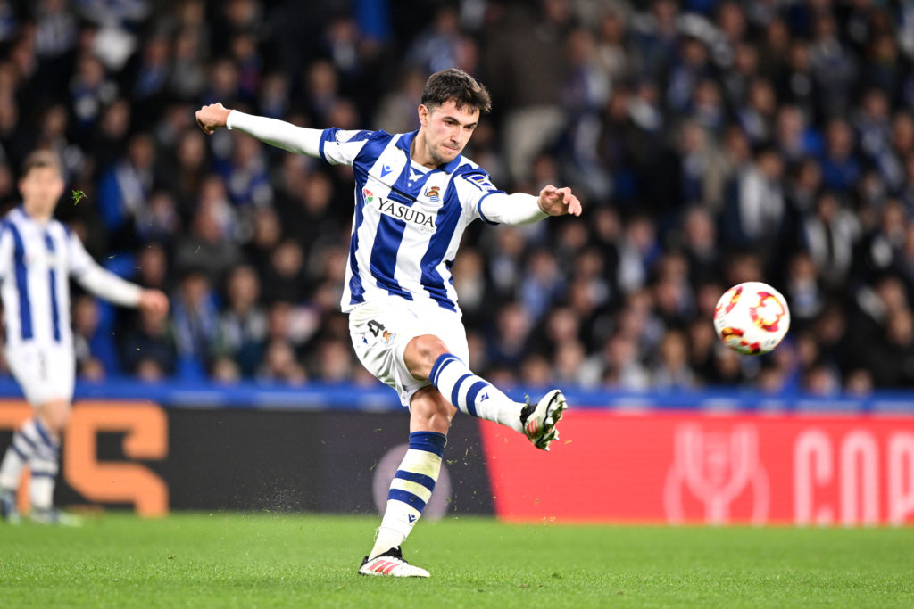 Martin Zubimendi passes the ball for Real Sociedad