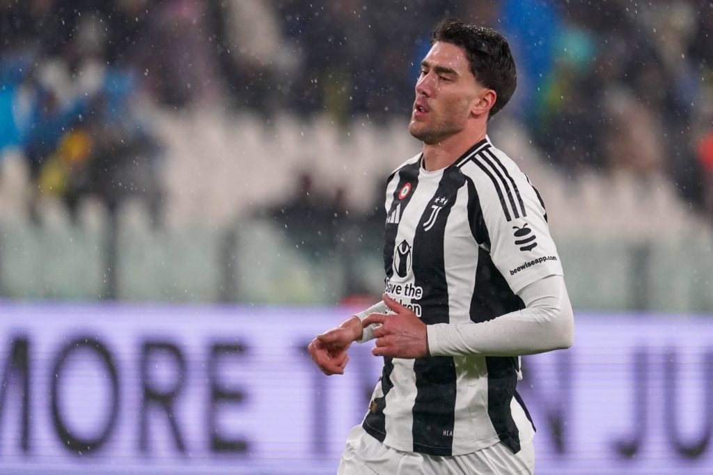 Dusan Vlahovic looks on during a Juventus match