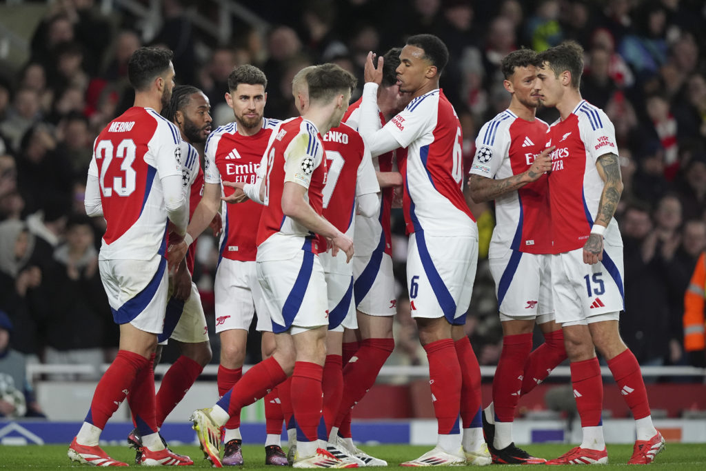 Arsenal players including Kieran Tierney celebrating after a goal