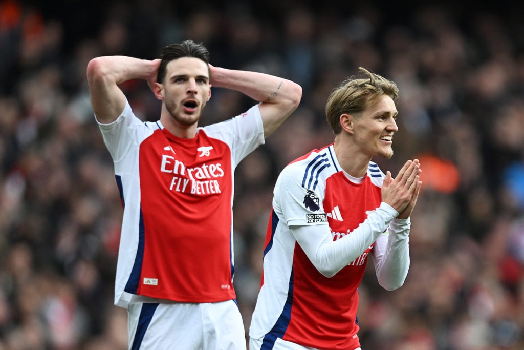 Declan Rice and Martin Odegaard react during an Arsenal game