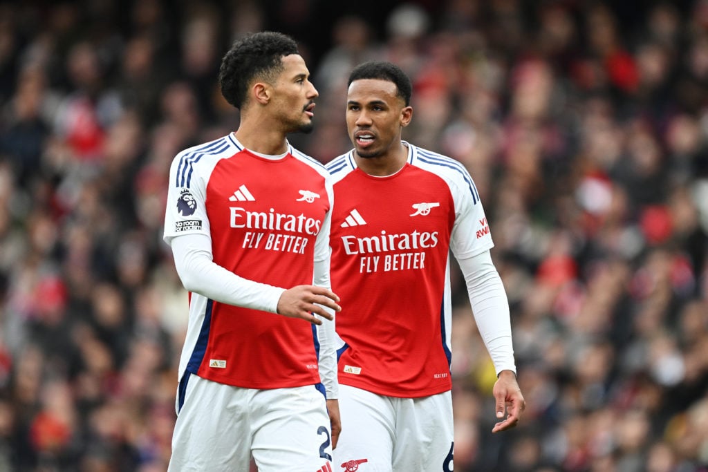 William Saliba and Gabriel Magalhaes in conversation during an Arsenal game