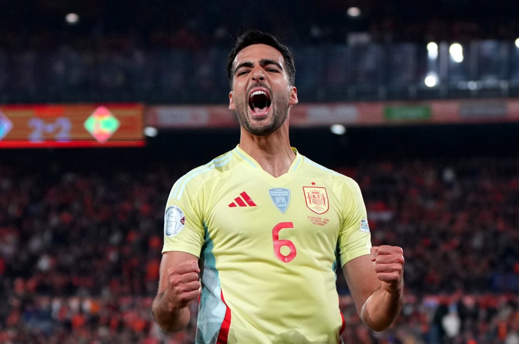 Mikel Merino celebrates scoring Netherlands v Spain in the UEFA Nations League Quarterfinal clash.