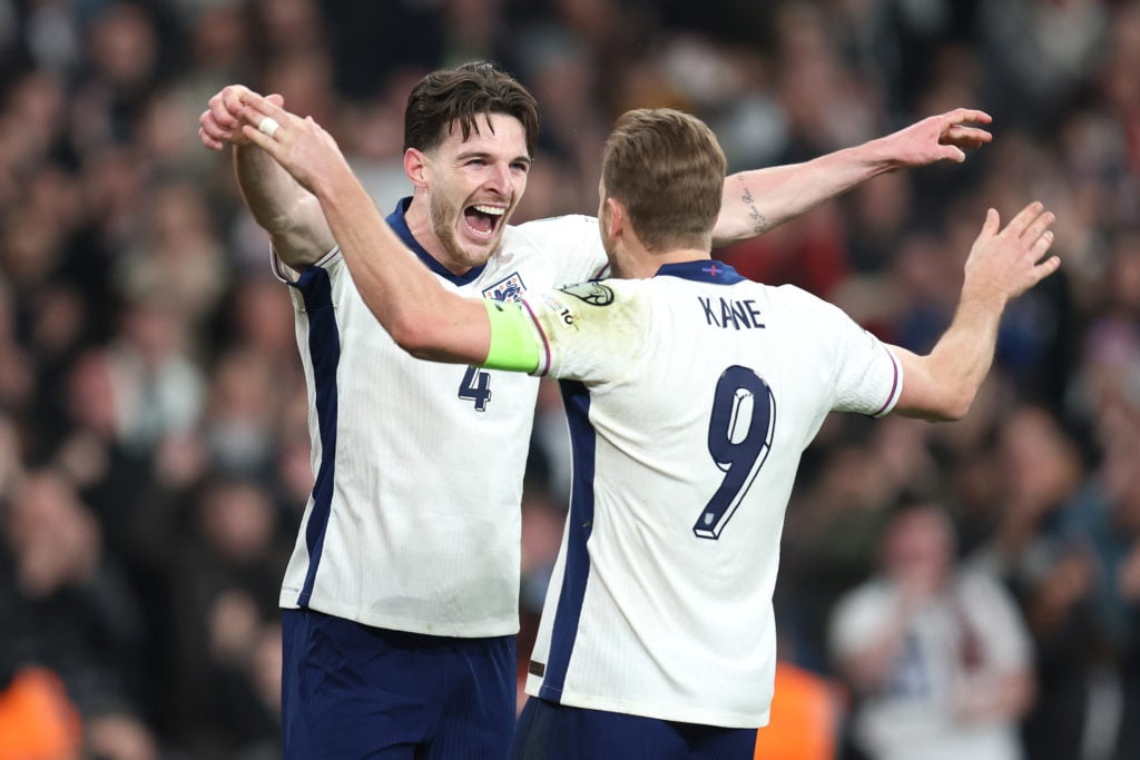 Harry Kane and Declan Rice celebrate scoring during England v Latvia in the FIFA World Cup qualifying clash.