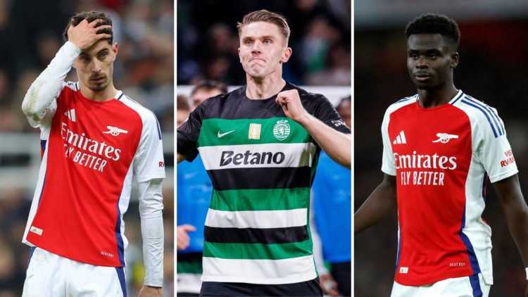 Three-way split image of Kai Havertz (L), Viktor Gyokeres (C) and Bukayo Saka (R).