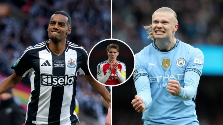 Image of Erling Haaland of Manchester City celebrating against Brighton with image of Alexander Isak scoring in Carabao Cup Final against Liverpool...