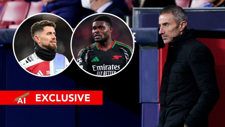 A split image featuring Arsenal stars Jorginho and Thomas Partey alongside Andrea Berta.