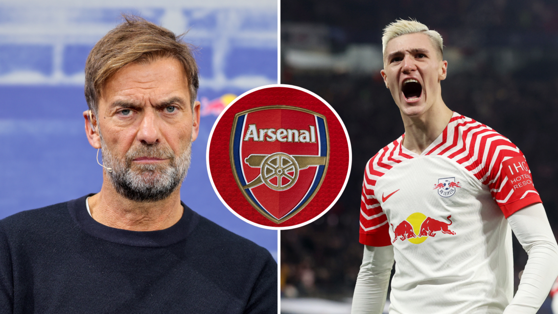 A split image featuring Jurgen Klopp looking on during a press conference, an Arsenal badge and Benjamin Sesko celebrating for RB Leipzig.