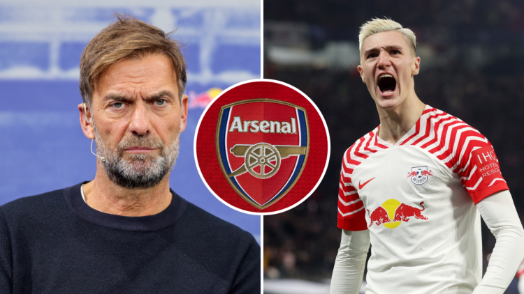 A split image featuring Jurgen Klopp looking on during a press conference, an Arsenal badge and Benjamin Sesko celebrating for RB Leipzig.
