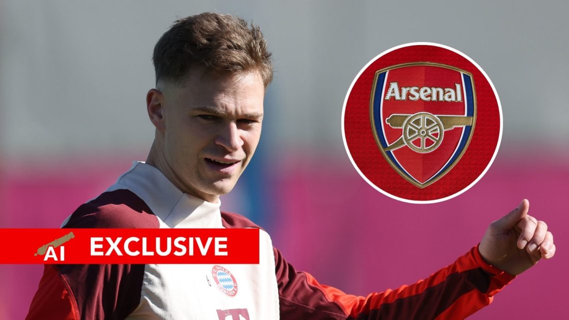 An image featuring Joshua Kimmich during Bayern Munich training and the Arsenal badge.