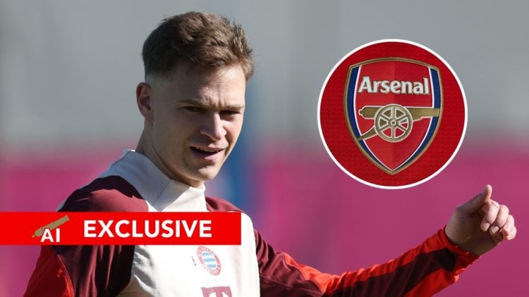 An image featuring Joshua Kimmich during Bayern Munich training and the Arsenal badge.