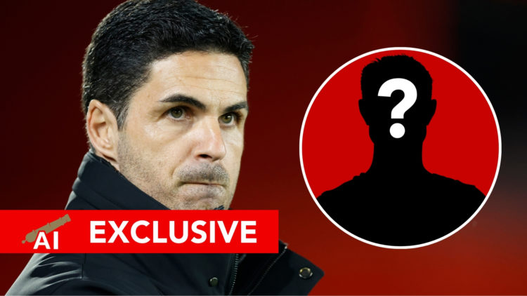 Mikel Arteta with a circular inset of a mystery player and the AI Exclusive banner.