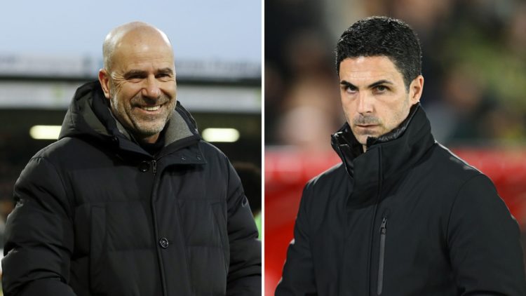 A split image with PSV Eindhoven boss Peter Bosz smiling and Arsenal manager Mikel Arteta looking on.