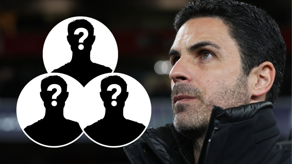 An image of Mikel Arteta with four insets, each featuring a mystery player silhouette.