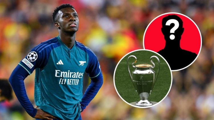 Eddie Nketiah of Arsenal looks dejected at full-time following the UEFA Champions League match. Inset, the Champions League trophy and a mystery pl...