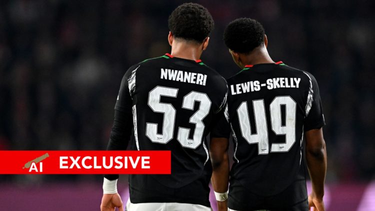 An image featuring Arsenal stars Ethan Nwaneri and Myles Lewis-Skelly shoulder to shoulder.