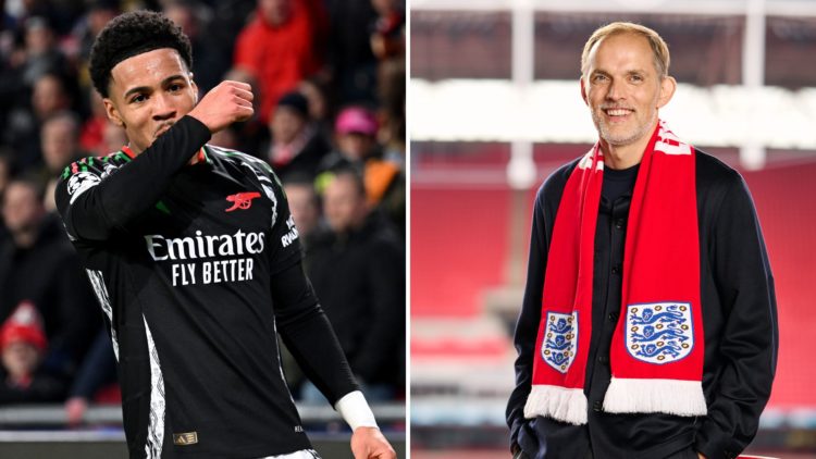 A split image featuring Arsenal star Ethan Nwaneri celebrating and England manager Thomas Tuchel smiling.