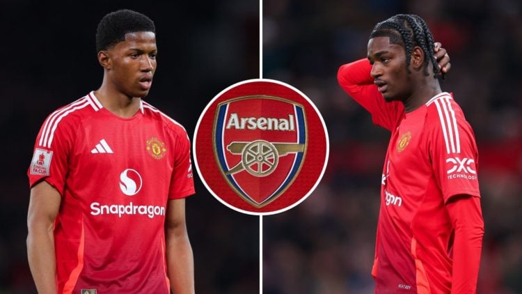 An image featuring Chido Obi and Ayden Heaven of Manchester United with the Arsenal club badge.