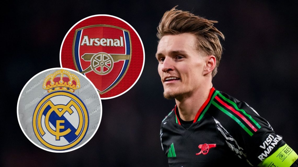A split image featuring the Arsenal and Real Madrid badges alongside Martin Odegaard.